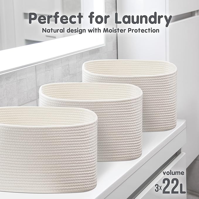 CHAT BLANC Cotton Rope Baskets for Organizing, Shelves, Toys, Storage, Shoe, Bathroom, Laundry, Towel, Nursery, Home Decor, Blanket, Cloth Woven Bins Fabric (Creamy White, 15"x10"x9")