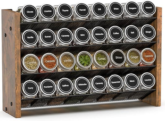 NESAPTO Spice Rack Organizer for Cabinet, Wooden 4 Tier Vertical Seasoning Organizers for Kitchen Pantry, Countertop/Wall Mount, Holds 32 Spice Jars (No Jars Included), 15.7" W × 9.4" H
