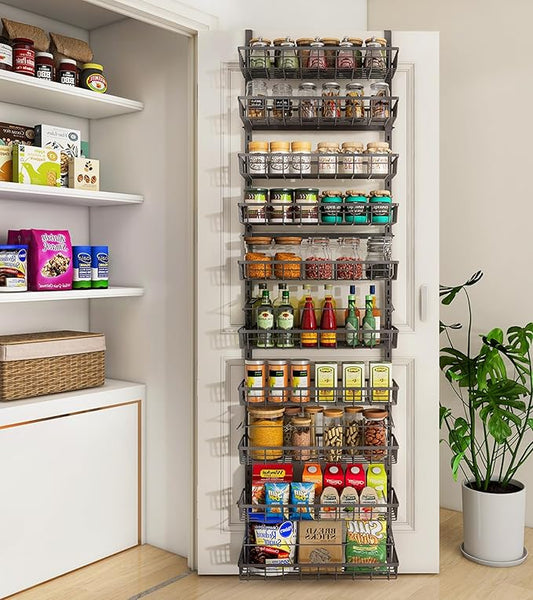 Mefirt 10-Tier Over The Door Pantry Organizer, Pantry Organization and Storage, Black Metal Hanging Adjustable Basket, Wall Spice Rack Seasoning Shelves, Home & Kitchen Essentials