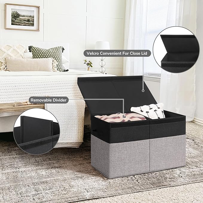 INDRESSME 25"x13"x16" Large Storage Box, Storage Organizer Collapsible Bins with Lids, Playroom, Living Room, Storage Baskets (Black & Grey)