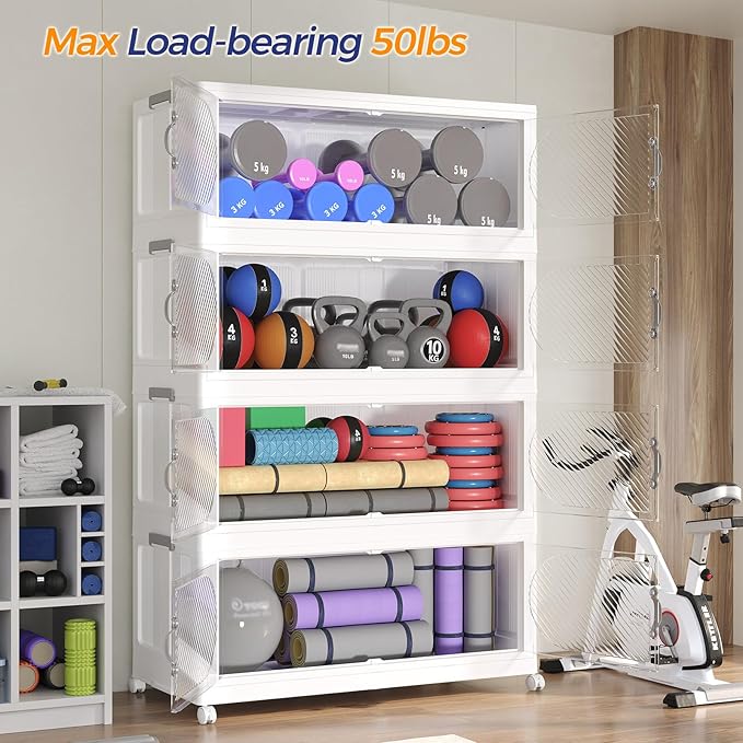 200Gal/800QT 5-Tiers Extra Large Stackable Storage Bins with Lid, Collapsible Cabinet Closet Organizer Plastic Container Box with Wheels Doors Drawers for Office Dorm Kitchen, White