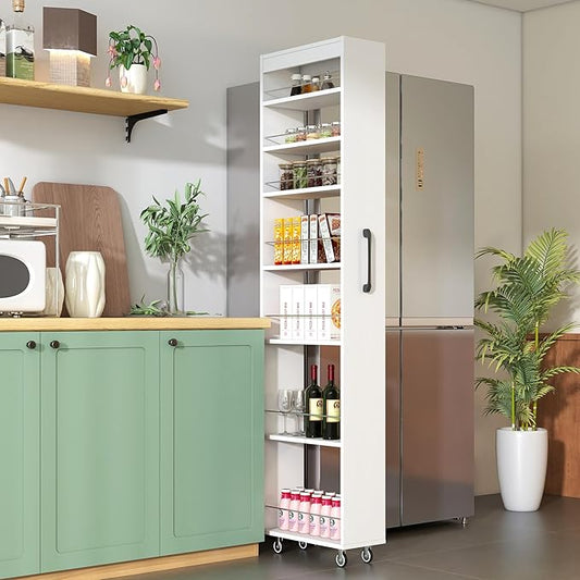 KEIKI 7 Tier Pull-Out Kitchen Pantry Storage Cabinet, Multi-Tier Single-Sided Open Shelf, Spice Rack Next to Fridge, Wood Hutch Food Pantries Cupboard for Coffee Bar, Dining Room, Narrow Spaces