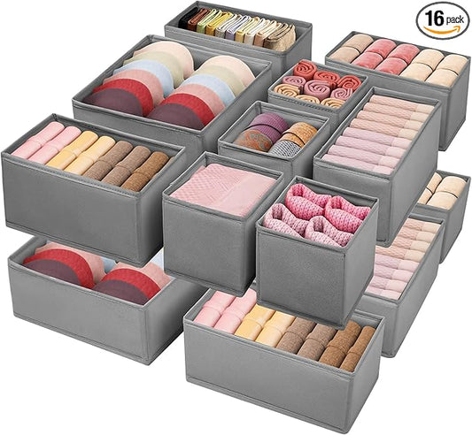 Drawer Clothing Organizer 16-Pack, Grey 3 Sizes Underwear Drawer Dividers, Fabric Folding Wardrobe Organizer, Can Store Baby Clothes, Bras, Underwear, Panties, Belts, Socks, Ties, etc.