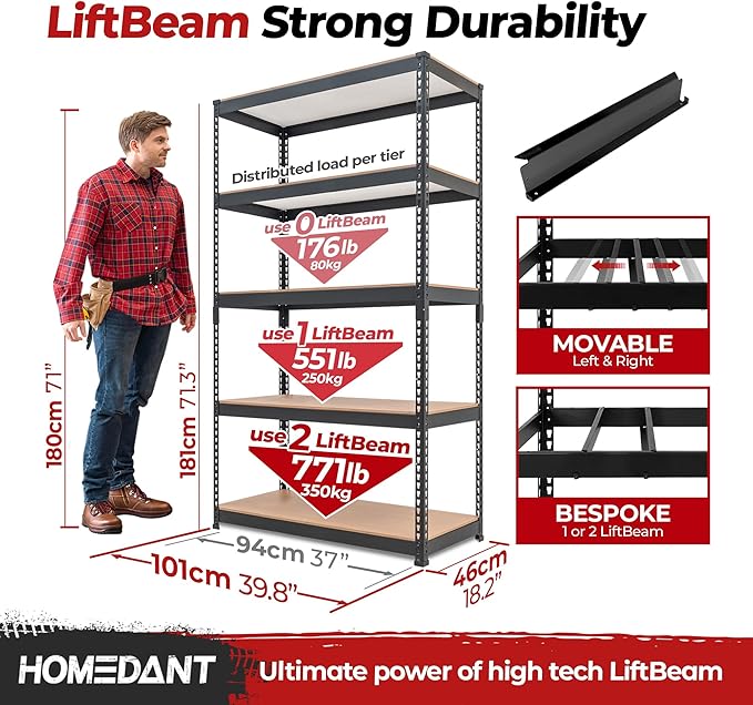 HOMEDANT Deep Width 5 Tier Heavy Duty Garage Shelving Adjustable Metal Rack Storage Shelves Standing Shelf Unit Organizers Pantry Closet Black 1Pack (39.8" W x 18.2" D)
