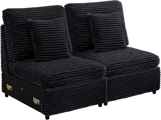 LEVNARY Modular Armless Chair Set of 2, Faux Rabbit Fur Upholstered Single Seat for Sectional Sofa Expansion (Black)
