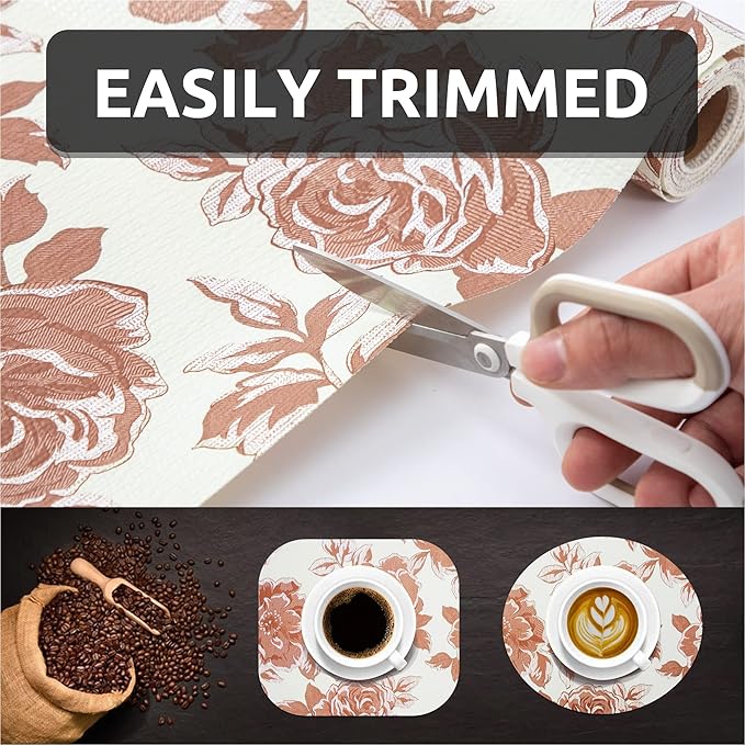 FIFTY FEET 12X120 Inch Shelf Liner for Kitchen Cabinets, PVC Drawer Liner for Dresser Non-Slip Bathroom, Non-Adhesive Cabinet Liner Washable (Red Flower)(7 Roll)