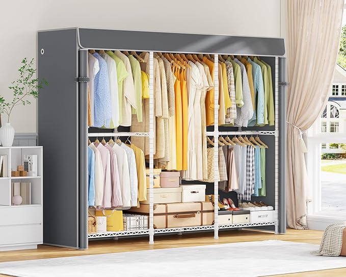 ULIFHOME E14C Pro Heavy Duty Closet Organizer System，Freestanding Clothing Racks for Hanging Clothes，Adjustable Garment Rack 70.1"W × 16.6"D × 76.4"H Hold 960 lbs，White Rack with Grey Dustproof Cover