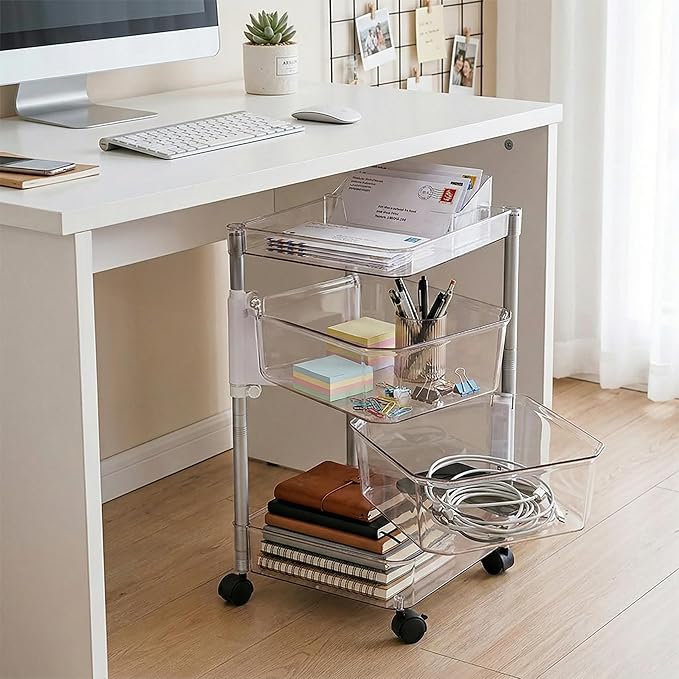 OnDisplay 360° Rotating Clear Storage Trolley – Multi-Tier Rolling Acrylic Utility Cart for Vanity, Craft Room, Pantry, Office & Bathroom – Mobile Multipurpose Organizer Rack for Makeup, Kitchen,