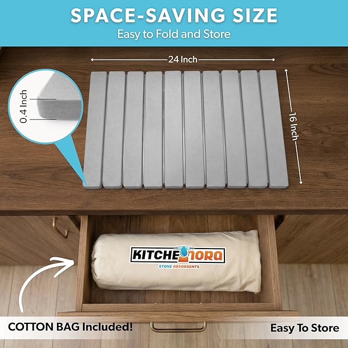 Stone Drying Mat for Kitchen Counter - Super Absorbent, 30sec Fast-Drying Diatomite Dish Mat, Collapsible for Kitchen.