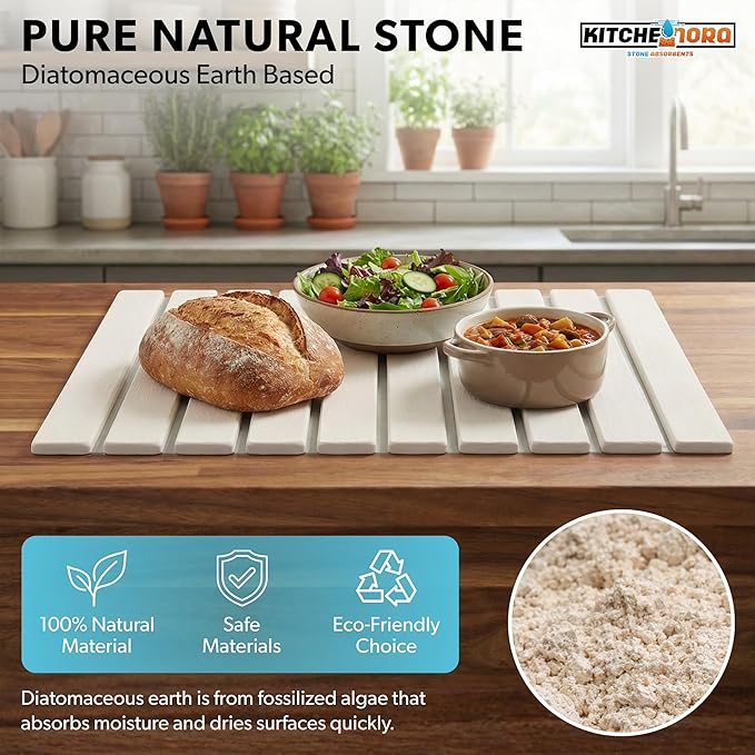 Stone Drying Mat for Kitchen Counter (White, Large) - Super Absorbent, 30sec Fast-Drying Diatomite Dish Mat, Collapsible for Kitchen.