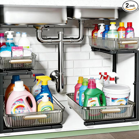 ARSTPEOE Under Sink Organizer - 2 Packs Multi-Purpose Pull-Out Storage Organizers, Slide out Pull out Cabinet Organizer Shelf, Storage for Kitchen Bathroom, Clear