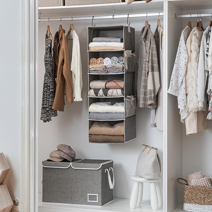 StorageWorks 5-Shelf Hanging Shelves for Closet, Foldable Hanging Closet Organizers with 2 Side Pockets, Portable Clothes Organizers for Bedroom, Wardrobe, 12 1⁄2" D x 15" W x 48" H, Gray