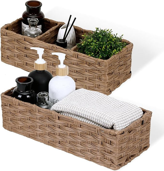 DULLEMELO Small Basket for Bathroom, Wicker Toilet Tank Basket, Bathroom Back of Toilet Organizer, Set of 2 Waterproof Baskets for Organizing, Brown