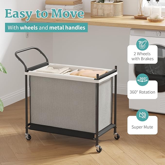 Laundry Hamper with Wheels - 2 Section Laundry Basket 120L, Removable Washable Bags, Height-Fitted Rolling Laundry Cart for Laundry Room & Bedroom