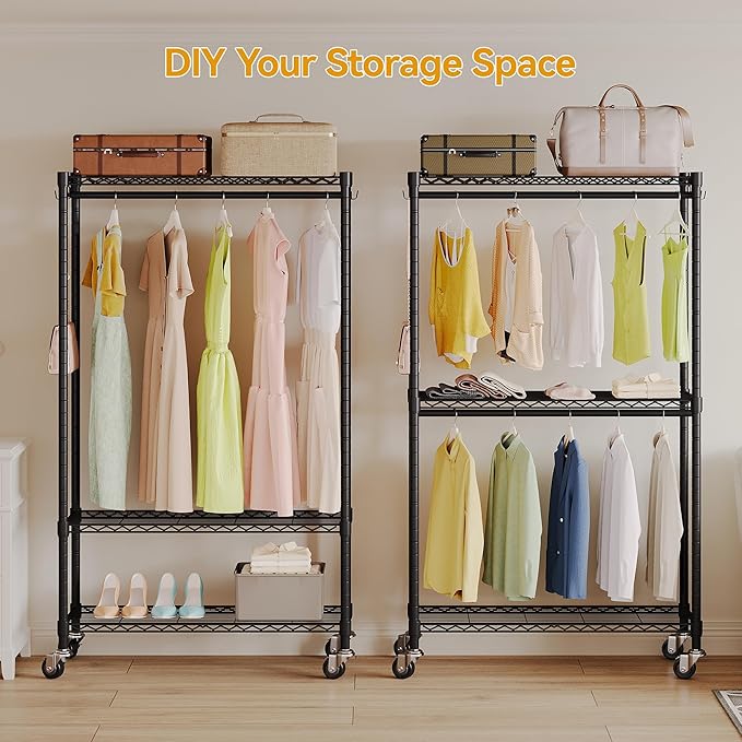 Higeego Rolling Clothing Rack for Hanging Clothes Heavy Duty Garment Rack with Wheels Metal Adjustable Shelves & Double Hanging Rods H2 Portable Closet for Bedroom, Black Coat Rack