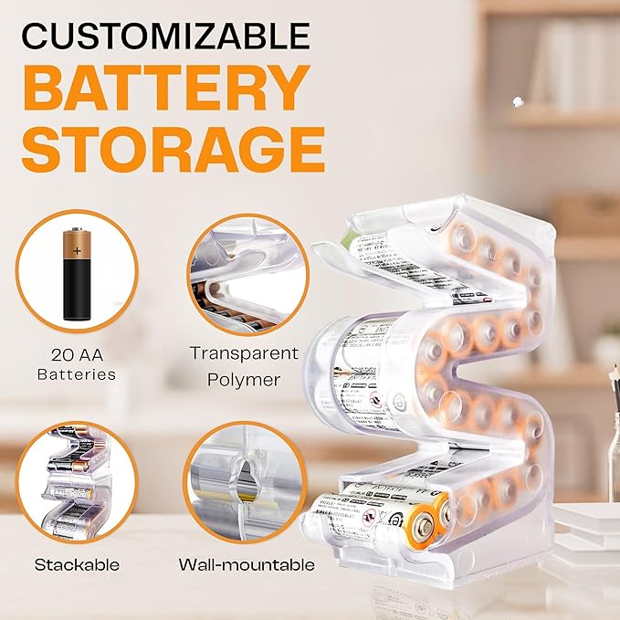 Battery Ladder Organizer Case for AA Batteries - Stackable or Mounted Vertical Storage Battery Dispenser for Home, Garage, & Workshop (2-Pack, Holds 40 AA Batteries Total)