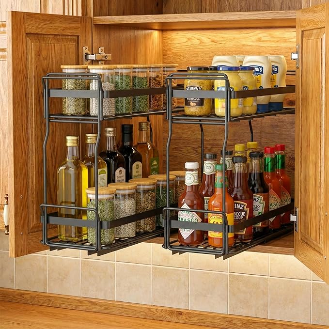 Pull Out Spice Rack Organizer for Inside Kitchen Cabinets, Heavy Duty Slide Out Seasoning Kitchen Organizer, 2 Tier Vertical Sliding Seasoning Organizer, 10.5" D x 5.1" W x 9.6" H