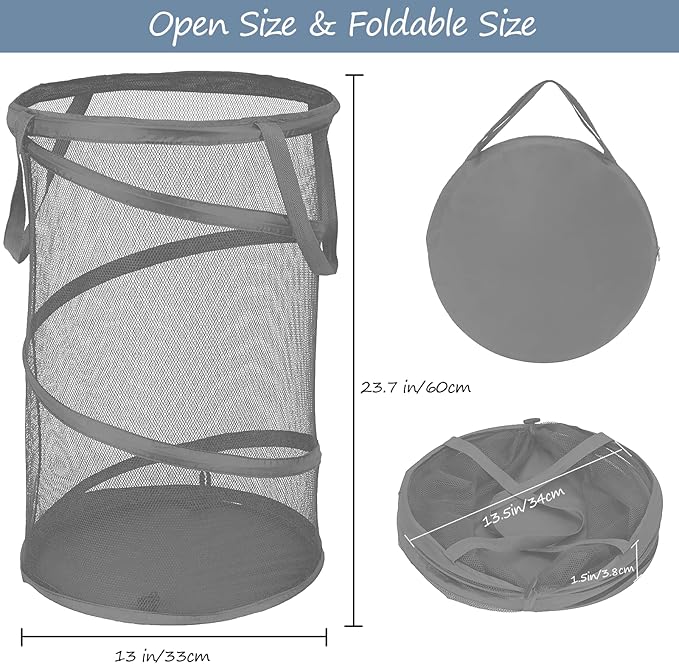 BATTOO Collapsible Laundry Baskets, Foldable Mesh Pop Up Hamper, Portable Laundry Basket Hamper with Handles for Laundry, Bathroom, Kids Room, College Dorm, Travel, Storage Organizer Grey
