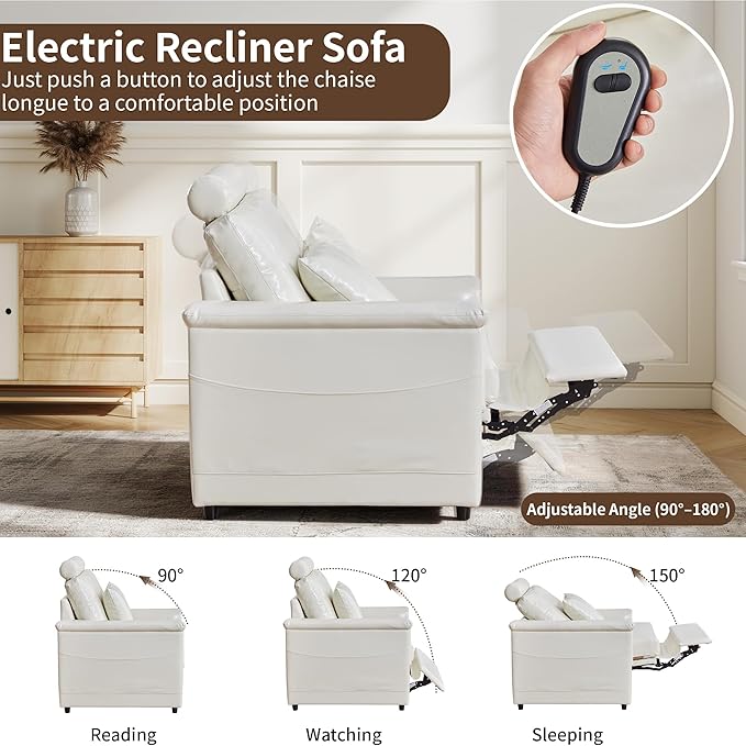 LEVNARY 2-Seater Modular Reclining Sofa with Center Console, Upholstered Faux Leather Power Recliner Loveseat with Cup Holders, USB Charging, Side Pockets & 2 Pillows, Living Room Furniture (White)
