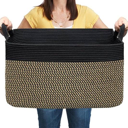 COMFY-HOMI Large Rectangular Blanket , Cotton Rope Woven for Storage, LaundryHamper, Storage ,Toy Organizing Bin with Handle, Organizer and Storage-22x15x12-Black/Jute