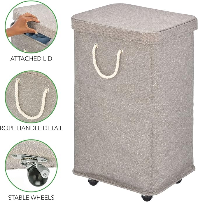 mDesign Large Polyester Rolling Laundry Hamper with Wheels, Removable Lid, and Rope Carrying Handles - Collapsible Hampers with Wheels for Compact Storage - Tall Single Compartment Basket - Taupe