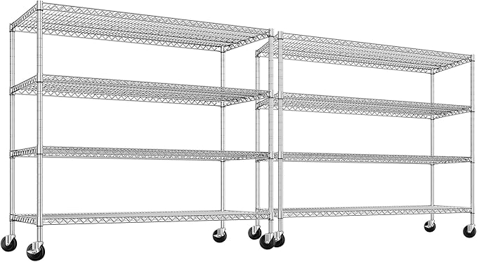 REIBII Set of 2 Storage Shelves Metal Shelving with Wheels,Adjustable Wire Shelving Rack 75.6" H Heavy Duty Garage Shelving Unit for Kitchen Pantry,Commercial Industrial Shelving for Garage 2PCS