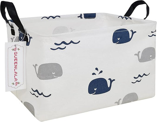 QUEENLALA Rectangular Laundry Hamper/Foldable Nursery Laundry Basket for Organizing/Storage Bin Baskets/Children Toy Office Bedroom/Toy Bin Closet Shelf Rec-Blue Cute Whale）