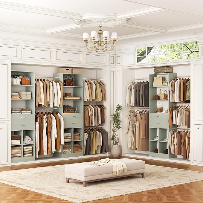 Besiost Closet System, 4-8 FT Closet Organizer Tower with 2 Wooden Drawers and 5 Hanging Rods, Can Fit 60 to 96 inch Walk-in Closet System, Crab Green