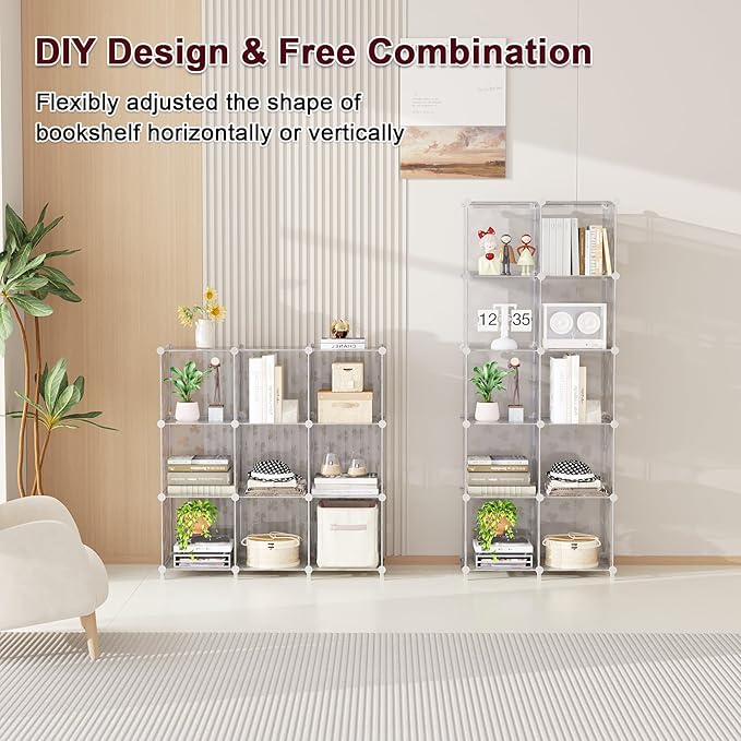UNKU Cube Storage Organizer, 10 Cube Closet Organizer Storage Shelves, DIY Stackable Bookcase, Clothes Organizer Shelf for Closet, Bedroom, Living Room, Cabinet, Home, Office, Translucent