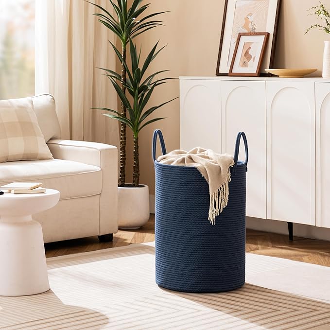Laundry Basket, 100L Woven Laundry Hamper, Baby Nursery Hamper for Toys, Blanket Basket for Living Room, Clothes Hamper for Bedroom&Baby Room, Blue