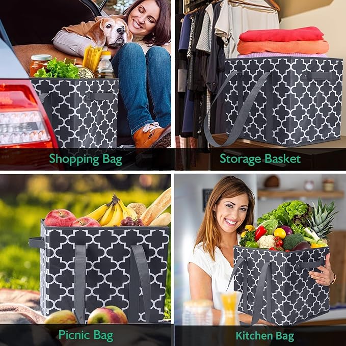 WISELIFE Reusable Grocery Bags 2-Pack Foldable Washable Large Storage Bins Basket Water Resistant Shopping Tote Bag Dark Grey