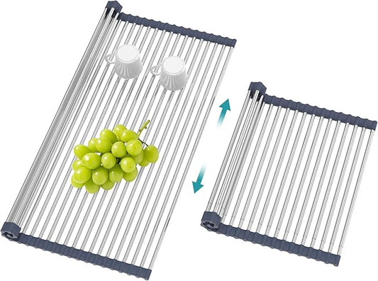 BBXTYLY Extra Large Expandable Roll Up Dish Drying Rack,Over The Sink Drying Rack Sink Cover Kitchen Sink Accessories Kitchen Rolling up Stainless Steel Drainer, Foldable,Rollable（Grey，22.8''-17.3''）