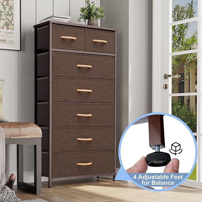 Crestlive Products Vertical Dresser Storage Tower - Sturdy Steel Frame, Wood Top, Easy Pull Fabric Bins, Wood Handles - Organizer Unit for Bedroom, Entryway, Closets - 7 Drawers (Brown)