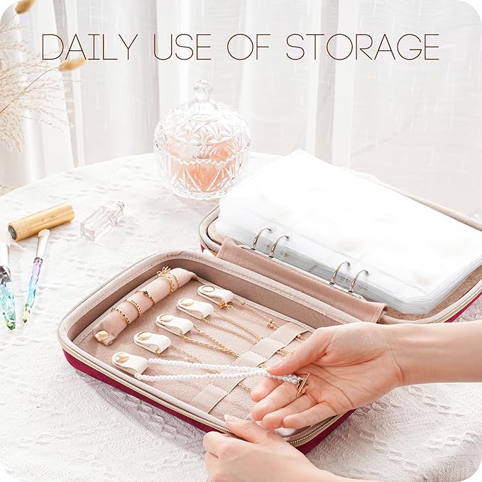 ProCase Extra Large Jewelry Organizer Case, Jewellery Home Storage Book Ring Binder with Clear Pockets for Presentation, Zippered Pouch Bag for Earrings Necklaces Bracelets -Wine