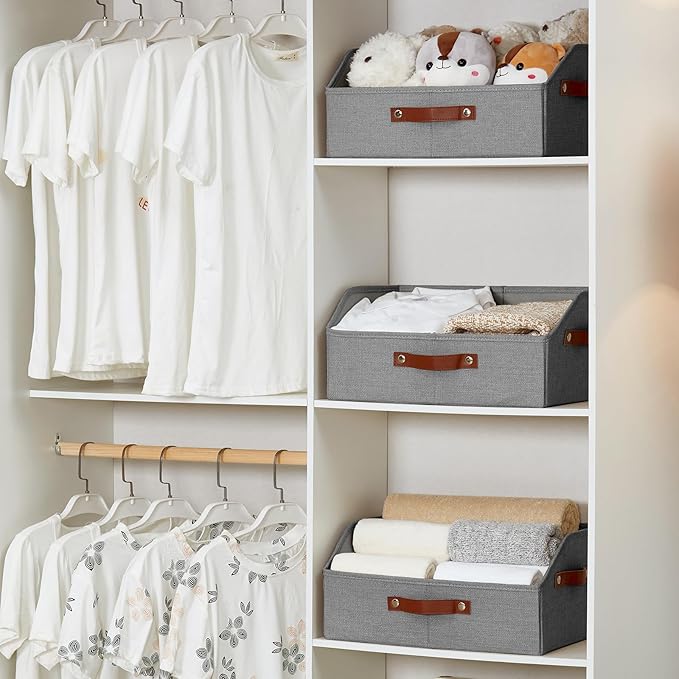 Bagnizer Closet Organizers and Storage, Linen Trapezoid Storage Bins with Handles, Collapsible Shelf Organizer for Blanket, Towel, Clothes, Hats, Purse (Gray)