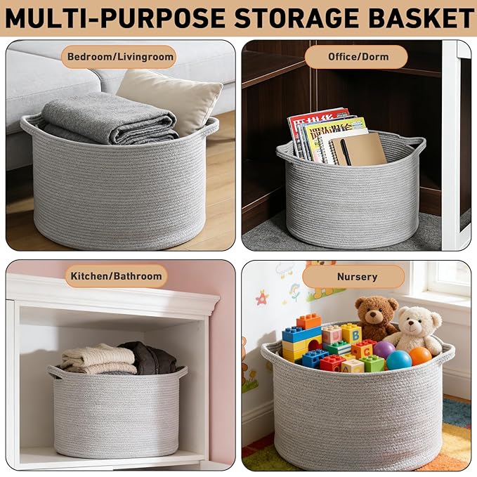 65L Large Blanket Basket,Woven Rope Laundry Basket Hamper with Handles,Decorative Nursery Basket Storage Bin for Toys, Pillows , Clothes Organizer, Living Room, Bedroom, Bathroom, Light Gry