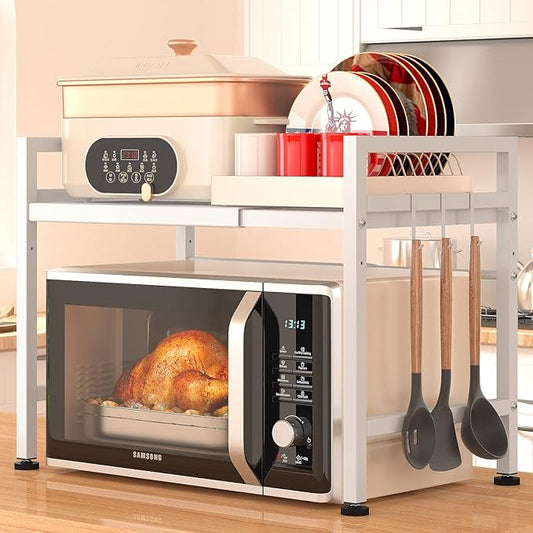 PUSDON Expandable Microwave Oven Rack, 2-Tier Countertop Baker's Rack Style Shelf, Heavy Duty Carbon Steel Stand with 3 Hooks, 160lbs Capacity Modern Kitchen Organizer, White