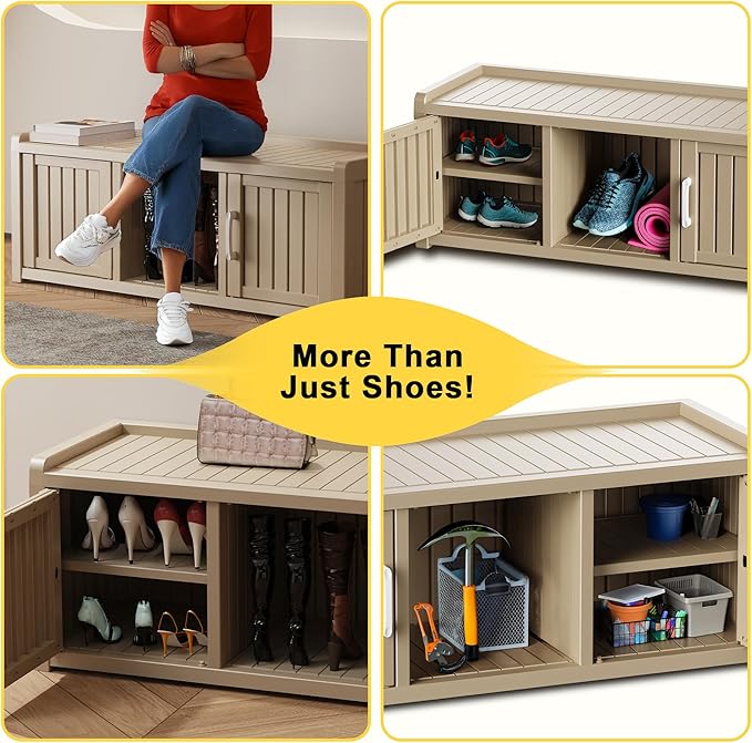 EasyUp Shoe Bench Waterproof,Resin Shoe Cabinet,Outdoor Storage,Industrial Hallway Bench with Adjustable Shelves for Entryway,Living Room,Bedroom(Grey,2 Door)