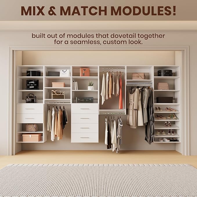ROOMTEC Modular Closet System, 66" Wall-Mounted Closet Organizer with Hanging Rods, Modern Wooden Tower for Walk-In Closets, Wardrobe Storage Kit, White
