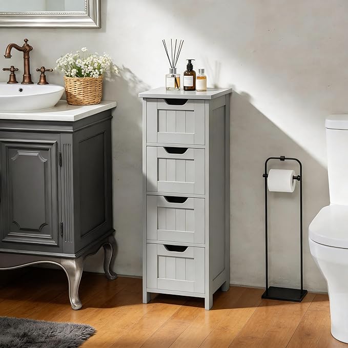 SUPER DEAL Small Bathroom Storage Cabinet with 4 Drawers, Freestanding Narrow Wooden Side Storage Organizer for Bathroom Hallway Living Room, Grey