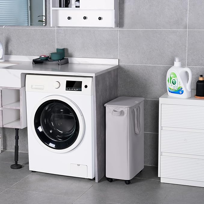 Vincona Slim Laundry Hamper with Lid and Wheels, Small Rolling Laundry Basket with Handle for Small Spaces, Tall Dirty Clothes Hampers for Dorm, Bathroom and Bedroom, 55L, Grey