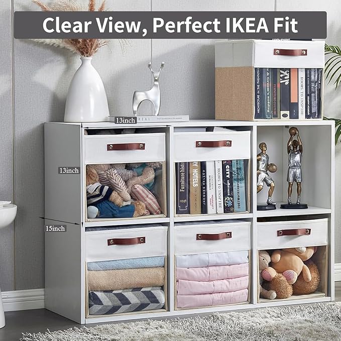 Bagnizer Storage Cubes, 4 Pack Linen Foldable Storage Bins with Clear Window and 2 Handles, 13x15x13 Storage Cube Bins for Shelf Closet, Kallax, Clothes, Books - (Beige and White)