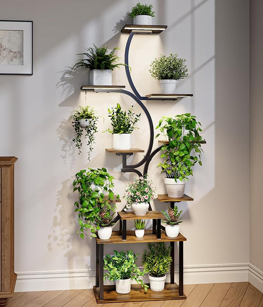 Plant Stand Indoor with Grow Lights - 9-Tier Curved Plant Stand, Tall Metal and Wood Indoor Plant Shelf with Unique Arched Design, Multi-Tier Flower Pot Holder Rack with Waterproof Finish, 63" Tall for Living Room, Balcony, and Garden