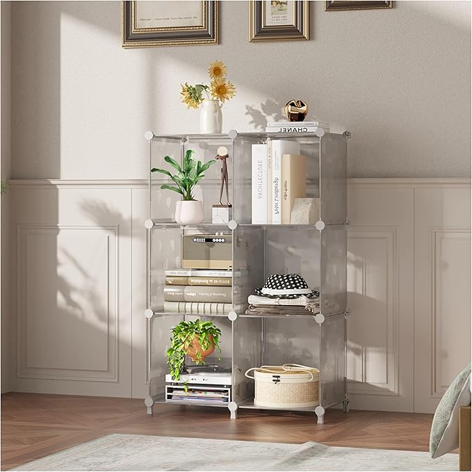 UNKU Cube Storage Organizer, 6 Cube Closet Organizer Storage Shelves, DIY Stackable Bookcase, Clothes Organizer Shelf for Closet, Bedroom, Living Room, Cabinet, Home, Office, Translucent