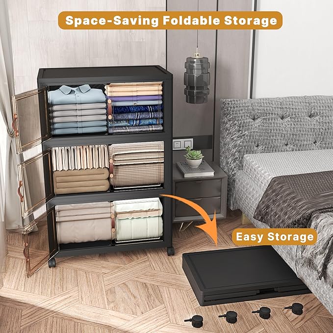 UAMFURI Extra Large Stackable Storage Bins with Lids & Wheels, 504QT-168QT/42GAL*3Pack Foldable Collapsible Closet Organizers Storage Cabinet with Doors for Bedroom Dorm