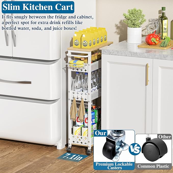 OKZEST Rolling Slim Storage Cart, 4-Tier Narrow Bathroom Laundry Room Organization Cart, Metal Kitchen Storage Mobile Shelf Unit Organizer with Wood Top, Slim Utility Cart with Wheels for Small Space