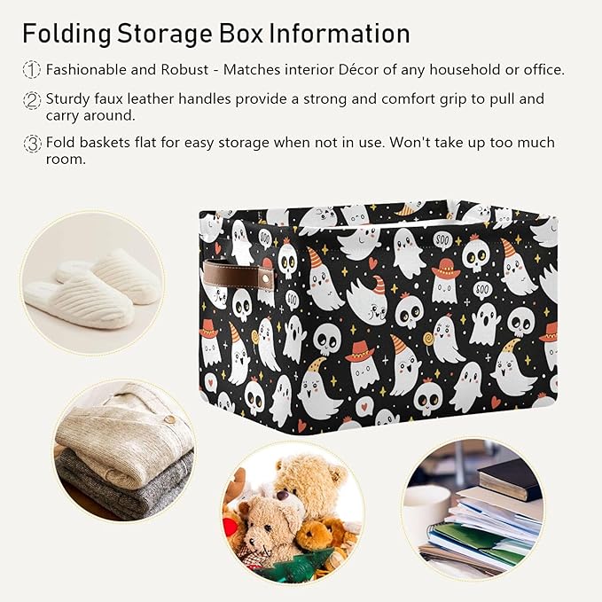 xigua Halloween Ghost Storage Basket Collapsible Storage Bins Waterproof Canvas Storage Basket with Leather Handles for Home Closets Offices,Bedrooms,Gift Baskets,2PCS