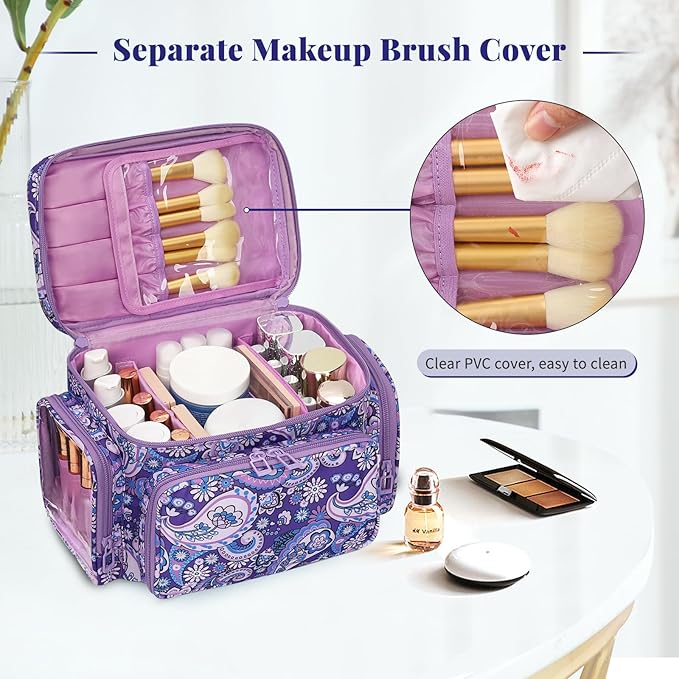 Bagmoly Large Makeup Bag, Portable Travel Makeup Bag Organizer for Women Girls with Makeup Brush Compartment & Two Side Pockets, Cosmetic Travel Bag Vertical Storage Toiletry - Purple