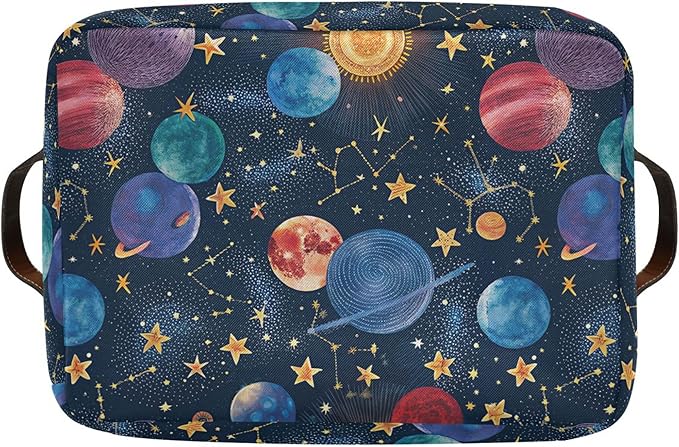 xigua Cartoon Planets Storage Basket Collapsible Storage Bins Waterproof Canvas Storage Basket with Leather Handles for Home Closets Offices,Bedrooms,Gift Baskets,1PCS