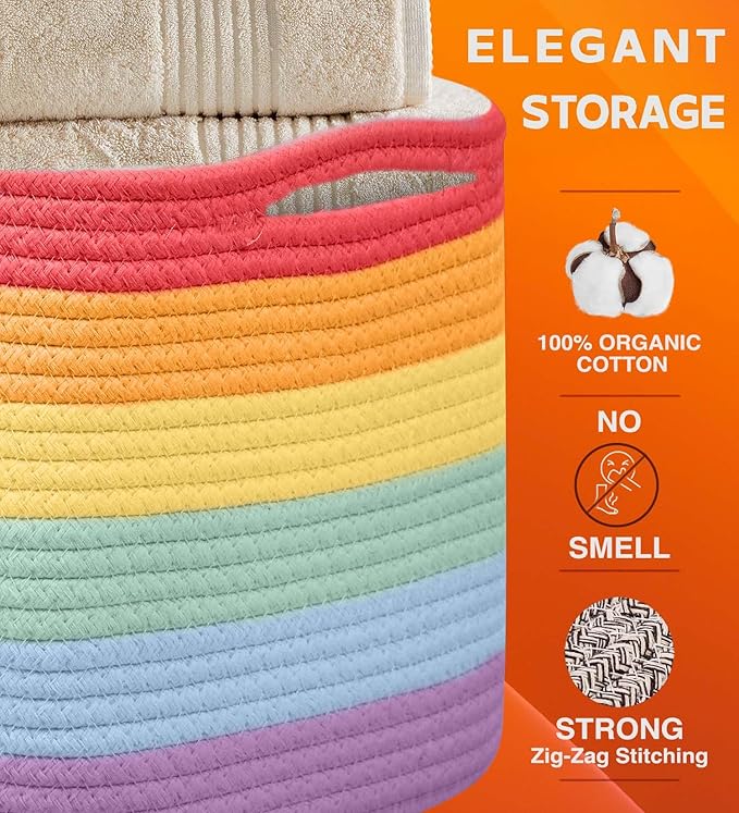 CHAT BLANC Cotton Rope Baskets for Organizing, Shelves, Toys, Storage, Shoe, Bathroom, Laundry, Towel, Nursery, Home Decor, Blanket, Cloth Woven Bins Fabric (Rainbow, 15"x10"x9")